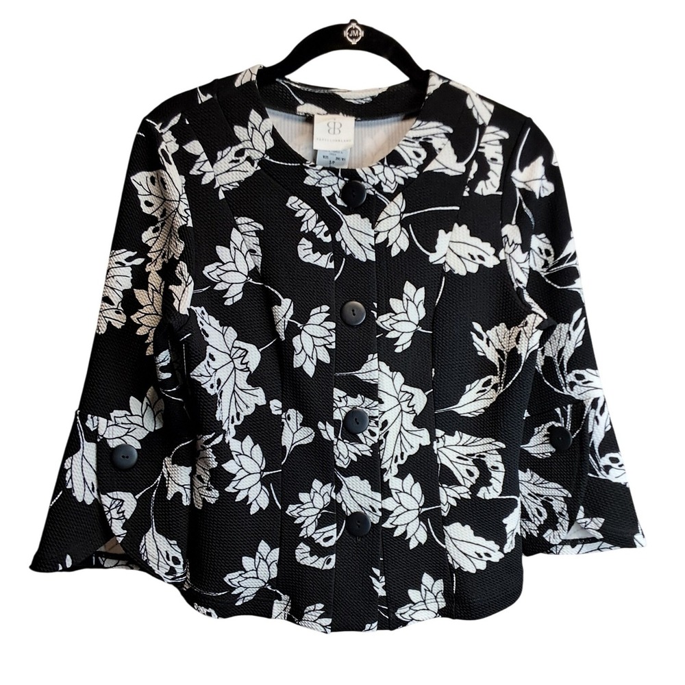 Papillon Blanc Black White Floral Textured Button Front Jacket Bell Sleeve S